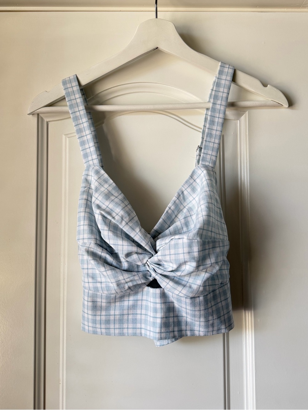 Blue Blush Light Blue Plaid Twist-Front Crop Camisole